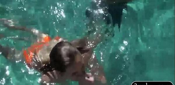 Three lovely babes show off ass and orgy in the pool